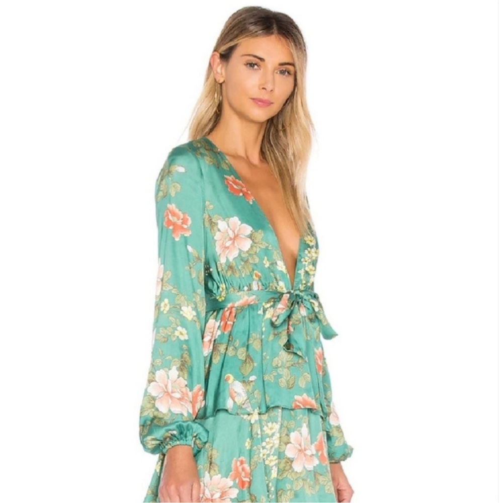 MAJORELLE Teal Floral Deep-V Wrap Dress